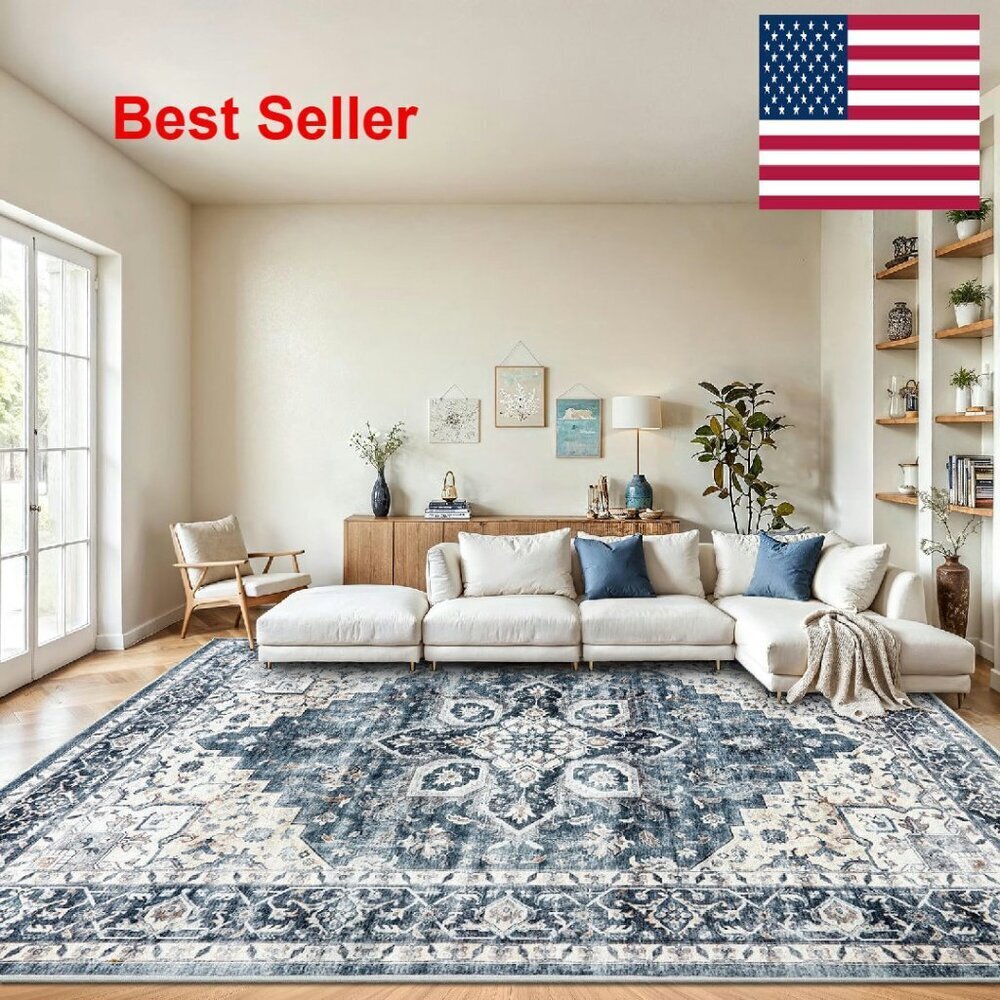 Vintage Floral Washable Area Rug Low Profile Non Slip Durable Machine Made